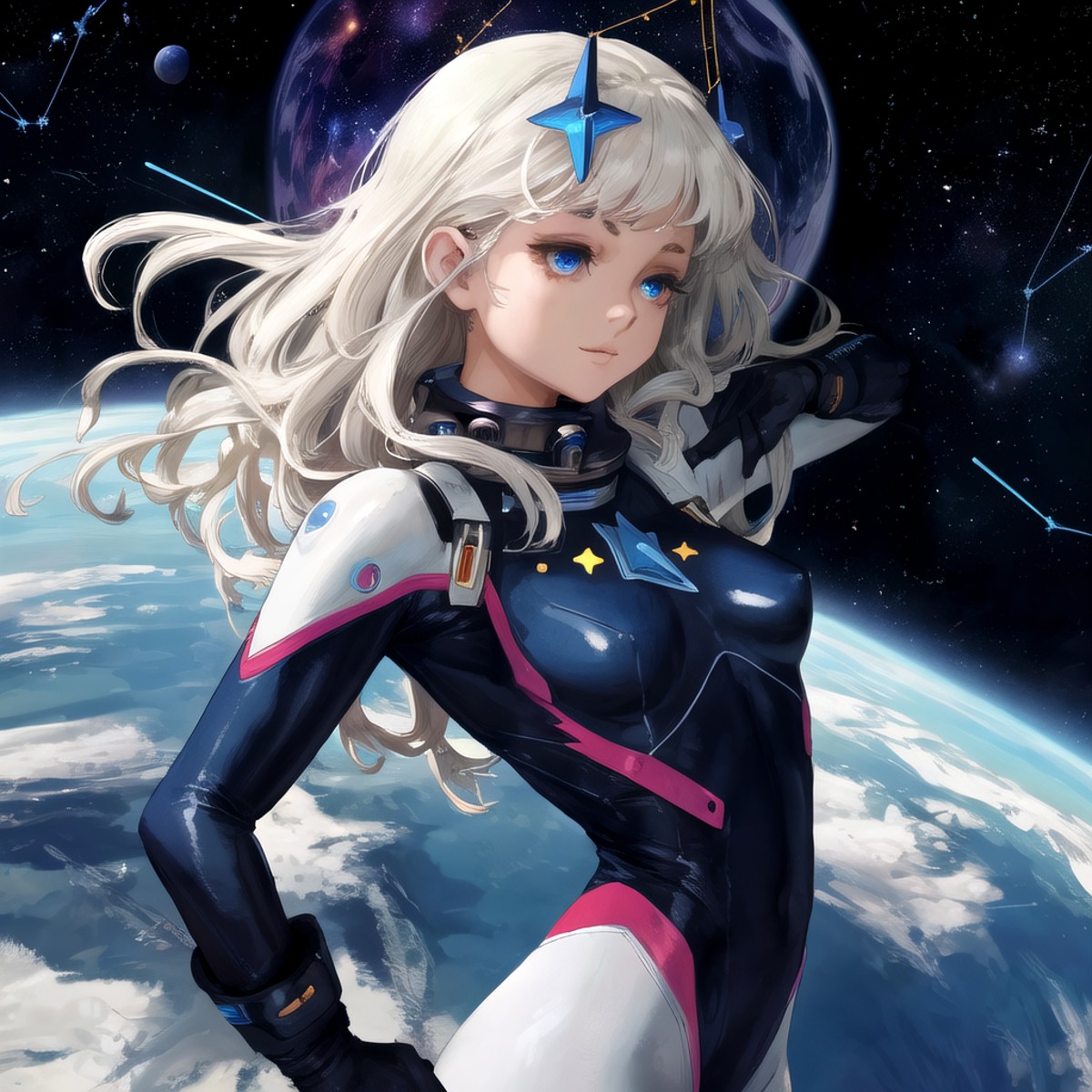 cosmic female in space, small breasts, futuristic bodysuit, stars, constellation, perfection, beautiful, masterpiece